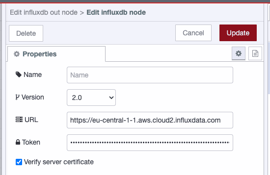 configuring the influxdb node step 1