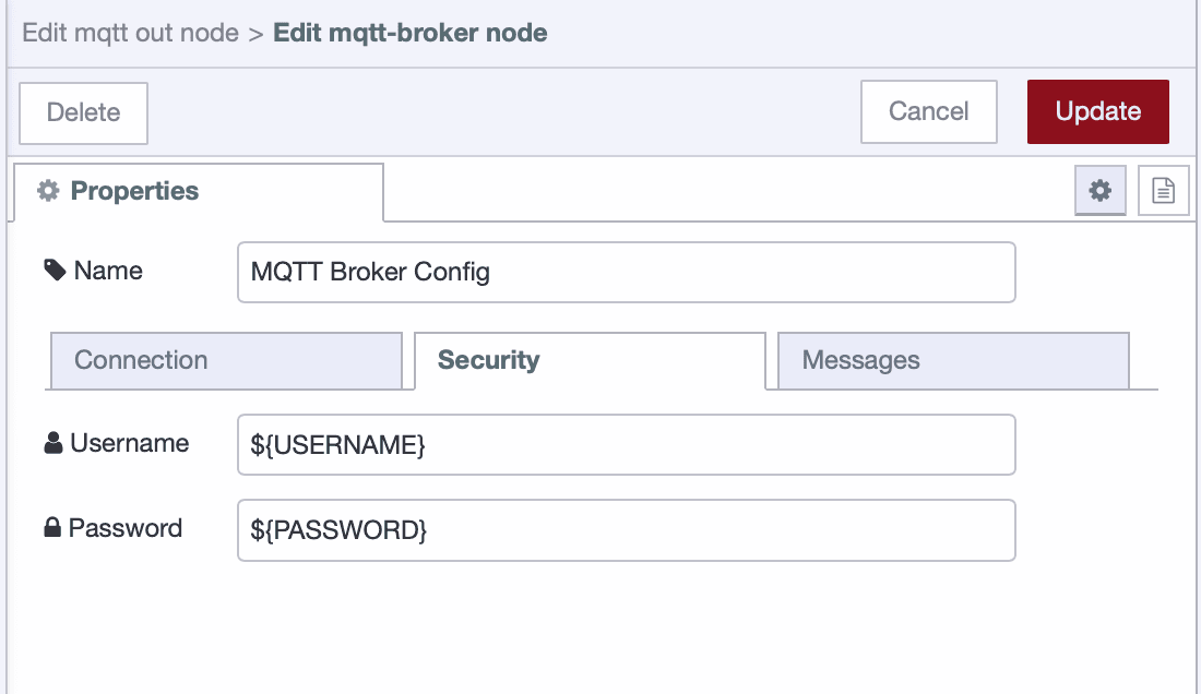 Configuring MQTT node security settings using environment variables in Node-RED.