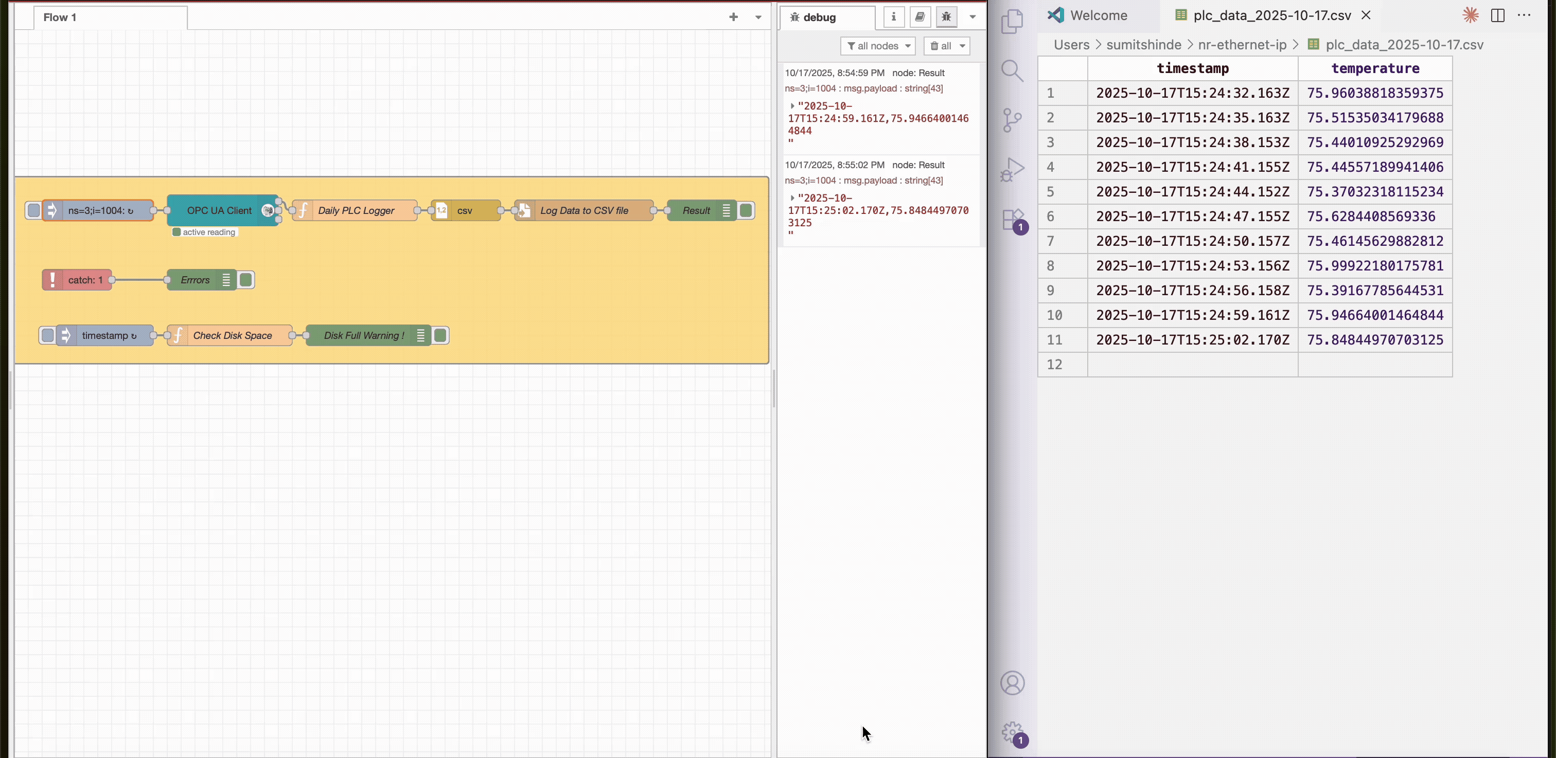 Image showing FlowFuse collecting data from a PLC using OPC UA and logging it to a CSV file.
